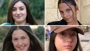 IDF field observers Karina Ariev (top left), Daniella Gilboa (top right), Naama Levy (bottom left) and Liri Albag (bottom right) were redeemed from Hamas captivity in Gaza, Jan. 25, 2024. Credit: Courtesy.