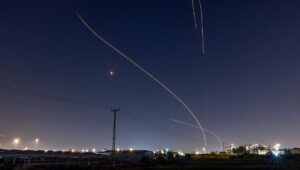 An Iron Dome air-defense battery fires interception missiles at rockets fired from the Gaza Strip towards central Israel, as it seen from Moshav Yashresh on Nov. 7, 2023. Photo by Yossi Aloni/Flash90.