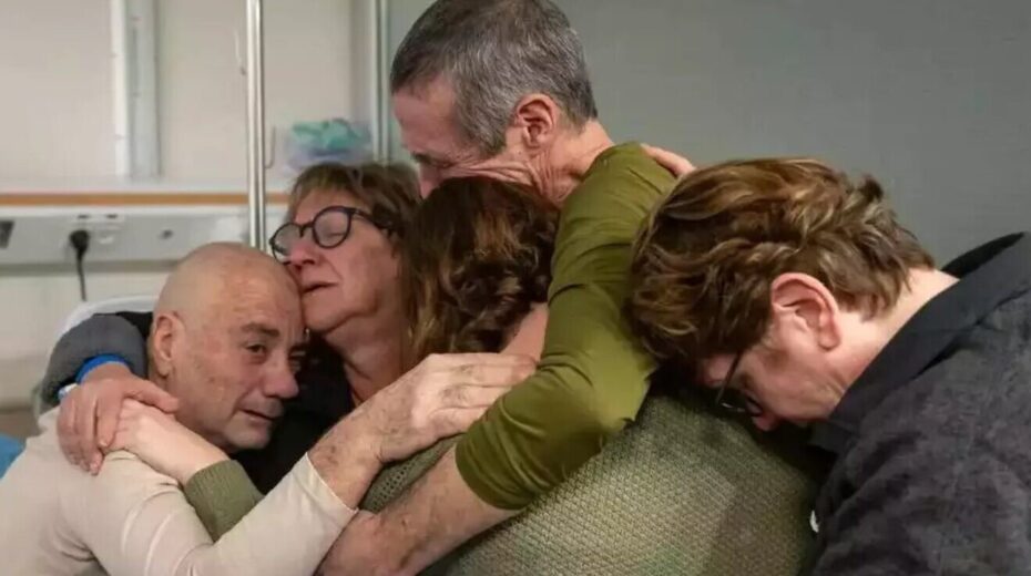Rescued hostages Luis Har and Fernando Simon Marman reunited with their loved ones, February 2024. Credit: IDF Spokesperson's Unit.