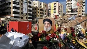Flowers at the site where former Hezbollah leader Hassan Nasrallah was killed on January 5, 2025, during a memorial ceremony, 100 days after his killing, in the Haret Hreik neighborhood of the southern Beirut suburb of Dahieh. Nasrallah was killed in an Israeli airstrike in Beirut on September 27, 2024. Photo: EPA-EFE/WAEL HAMZEH