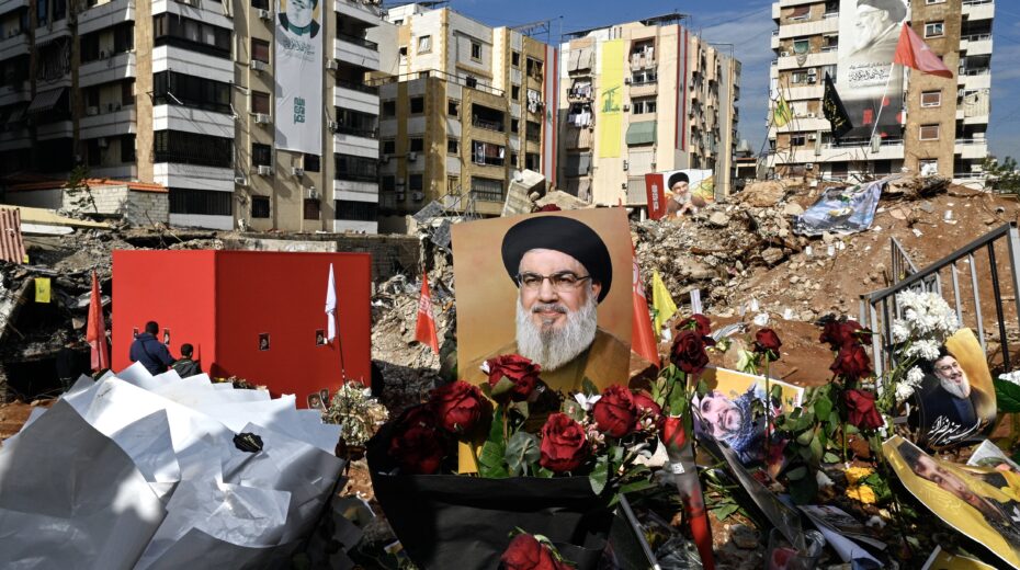 Flowers at the site where former Hezbollah leader Hassan Nasrallah was killed on January 5, 2025, during a memorial ceremony, 100 days after his killing, in the Haret Hreik neighborhood of the southern Beirut suburb of Dahieh. Nasrallah was killed in an Israeli airstrike in Beirut on September 27, 2024. Photo: EPA-EFE/WAEL HAMZEH