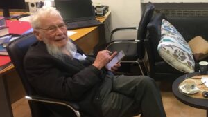 Nobel Laureate Yisrael (Robert J) Aumann in his office at Hebrew University in Jerusalem, Feb. 23, 2025, Photo by David Isaac.
