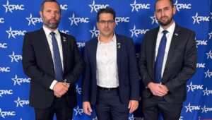 Yesha Council Chairman Israel Ganz, Diaspora Affairs Minister Amichai Chikli, and Yesha Council CEO Omer Rahamim. Credit: Courtesy