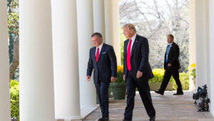 Jordan's King Abdullah (left) and U.S. President Donald Trump walk along the West Colonnade toward the podiums before a joint press briefing at the White House on April 5, 2017. Credit: White House/Shealah Craighead.