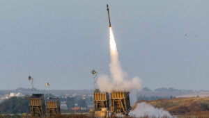 The Iron Dome air-defense system intercepts rockets fired from the Gaza Strip over Sderot, May 13, 2023. Photo by Yonatan Sindel/Flash90.