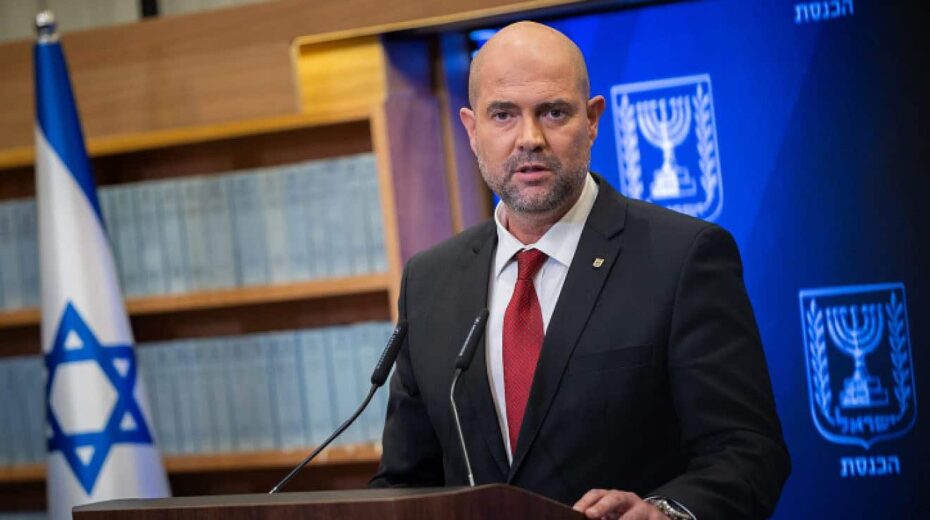 Knesset Speaker Amir Ohana holds a press conference at the parliament in Jerusalem, Sept. 6, 2023. Photo by Yonatan Sindel/Flash90.