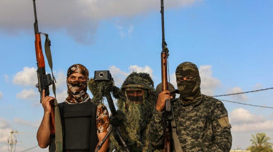 Terrorists affiliated with the Hamas-led Joint Operations Room attend a ceremony to mark the anniversary of Israel's 2005 withdrawal from Gaza, Sept. 20, 2023. Photo by Abed Rahim Khatib/Flash90.