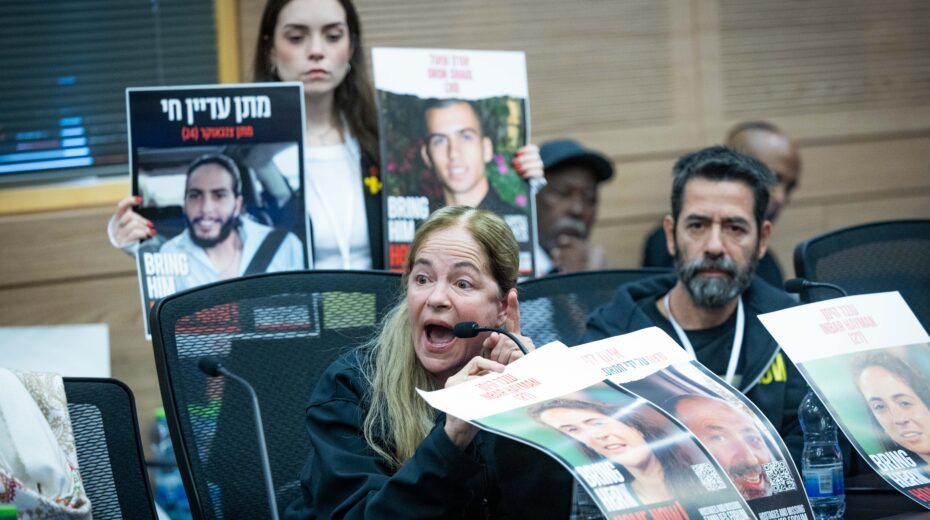 Families of Israeli hostages held in Gaza at a meeting of the Education, Culture and Sports Committee in the Knesset, December 24, 2024. Photo: Chaim Goldberg/Flash90