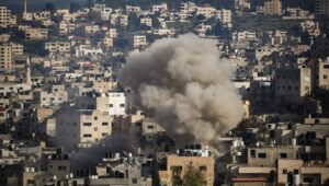 Smoke rises during an Israeli military operation, in the Samaria city of Jenin, Jan. 24, 2025. Photo by Nasser Ishtayeh/Flash90.