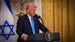 US President Donald Trump and Israeli Prime Minister Benjamin Netanyahu holding a joint press conference at the White House in Washington, DC, February 4, 2025. Photo by Liri Agami/Flash90