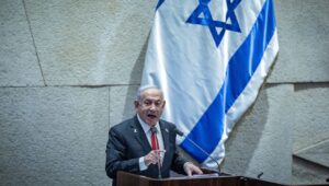 Israeli Prime Minister Benjamin Netanyahu speaks during a plenum session at the assembly hall of the Knesset, the Israeli Parliament in Jerusalem on Feb. 10, 2025. Photo by Yonatan Sindel/Flash90.