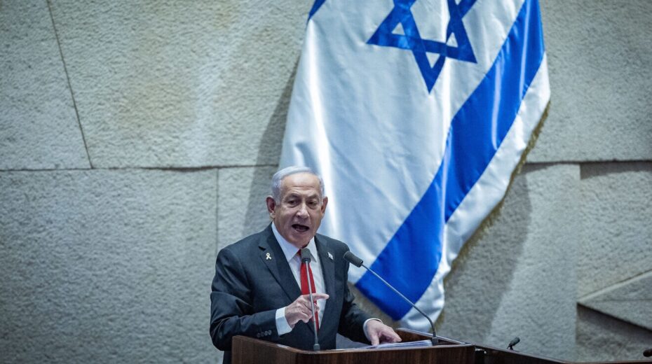 Israeli Prime Minister Benjamin Netanyahu speaks during a plenum session at the assembly hall of the Knesset, the Israeli Parliament in Jerusalem on Feb. 10, 2025. Photo by Yonatan Sindel/Flash90.