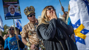 Israelis watch the release of hostages from Hamas captivity as part of the Gaza ceasefire deal, at Hostage Square in Tel Aviv, February 15, 2025. Photo by Yonatan Sindel/Flash90
