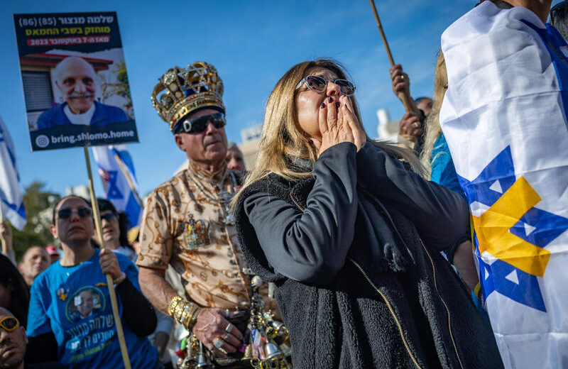 Israelis watch the release of hostages from Hamas captivity as part of the Gaza ceasefire deal, at Hostage Square in Tel Aviv, February 15, 2025. Photo by Yonatan Sindel/Flash90