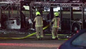 Firefighters at the scene of a bus bombing in Bat Yam, south of Tel Aviv, Feb. 20, 2025. Photo by Avshalom Sassoni/Flash90.