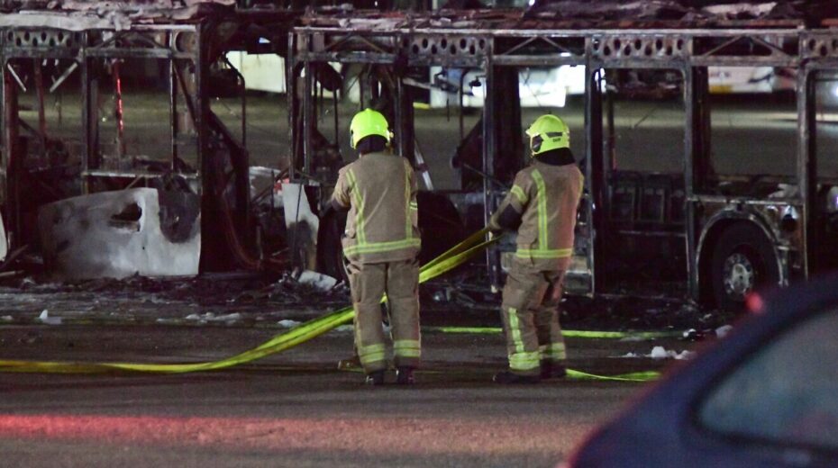 Firefighters at the scene of a bus bombing in Bat Yam, south of Tel Aviv, Feb. 20, 2025. Photo by Avshalom Sassoni/Flash90.