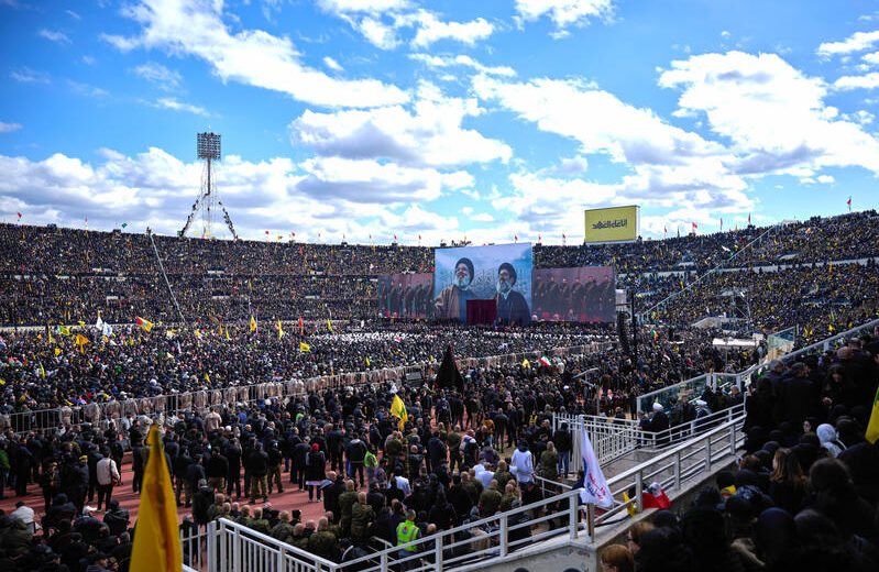 Lebanese attend the funeral of Hezbollah leaders Hassan Nasrallah and Hashem Safieddine at the Camille Chamoun Sports City stadium on the outskirts of Beirut, on February 23, 2025. Photo by Asaad Syria/Flash90