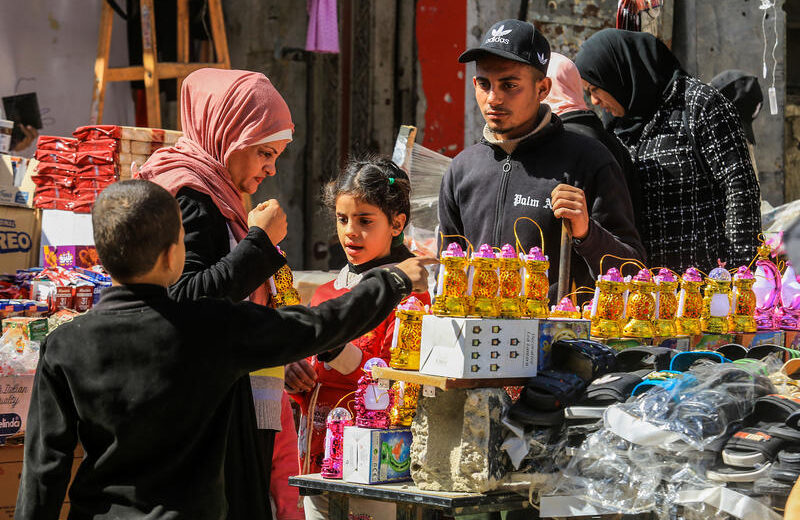 Palestinians buy traditional Ramadan lanterns known as "Fanous" at a market, ahead of the holy fasting month of Ramadan in Khan Yunis, on February 26, 2025. Photo by Abed Rahim Khatib/Flash90