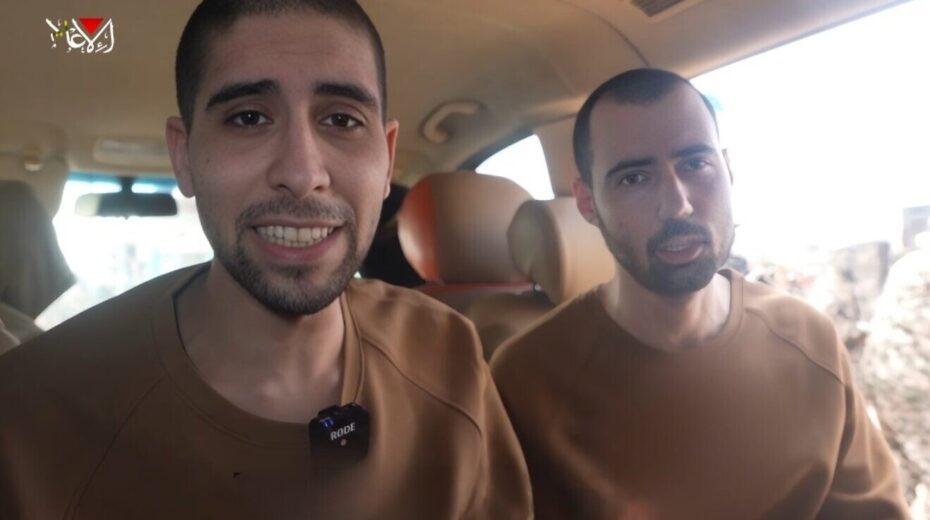Hostages Guy Gilboa-Dalal and Evyatar David being forced to watch the ceremony of other captives being released in the Hamas propaganda video, Gaza Strip, Feb. 22, 2025. Source: X.