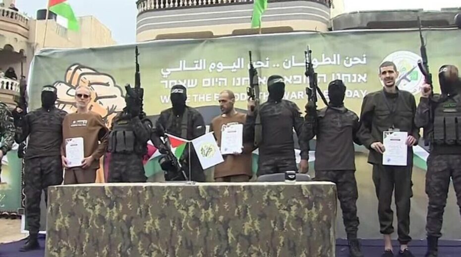 Three Israeli hostages are paraded by Hamas terrorists on a stage in the Gaza Strip before being handed over to the Red Cross, Feb. 8, 2025. Source: Screenshot/YouTube.