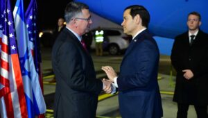Israeli Foreign Minister Gideon Sa'ar greets US Secretary of State Marco Rubio on the tarmac at Ben-Gurion Airport, Feb. 15, 2024. Photo by Ronen Horesh/GPO.