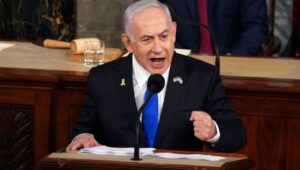 Prime Minister Benjamin Netanyahu speaking before the US Congress on July 24, 2024. Photo by Will Oliver/EPA-EFE