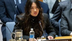 Rescued hostage Noa Argamani briefs the United Nations Security Council meeting on the situation in the Middle East, Feb. 25, 2025. Credit: Manuel Elías/UN Photo.