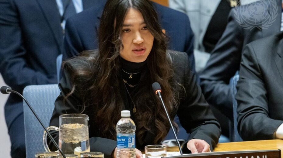 Rescued hostage Noa Argamani briefs the United Nations Security Council meeting on the situation in the Middle East, Feb. 25, 2025. Credit: Manuel Elías/UN Photo.
