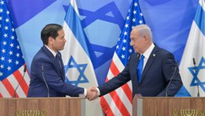 US Secretary of State Marco Rubio and Israeli Prime Minister Benjamin Netanyahu shake hands during a joint press conference in Jerusalem on Feb. 16, 2025. Photo by Kobi Gideon / GPO.