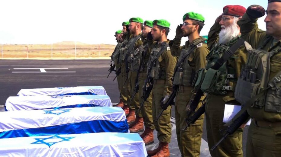 Israeli special forces receive the bodies of slain hostages Shiri Bibas, Ariel Bibas, Kfir Bibas, and Oded Lifshitz in the Gaza Strip. Photo: IDF Spokesperson
