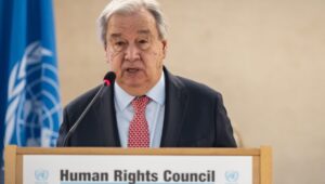UN Secretary-General Antonio Guterres during a meeting of the Human Rights Council at the United Nations European headquarters in Geneva, Switzerland, on February 24, 2025. EPA-EFE/TIL BUERGY