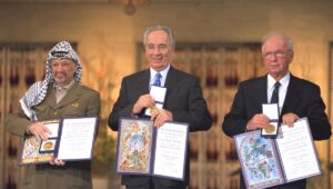 Yasser Arafat, Shimon Peres, and Yitzhak Rabin won the Nobel Peace Prize for the Oslo Accords. But it never brought the promised peace. Photo by Yaacov Saar/GPO
