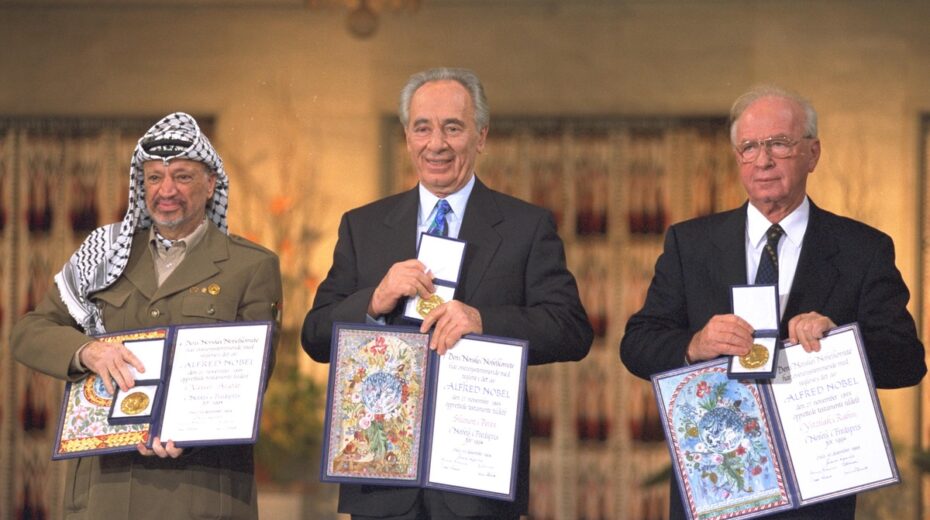 Yasser Arafat, Shimon Peres, and Yitzhak Rabin won the Nobel Peace Prize for the Oslo Accords. But it never brought the promised peace. Photo by Yaacov Saar/GPO