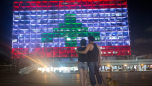 Illustration. Tel Aviv City Hall illuminated with the Lebanese flag in solidarity with the victims of the Beirut explosion of August 2020. Photo by Miriam Alster/Flash90
