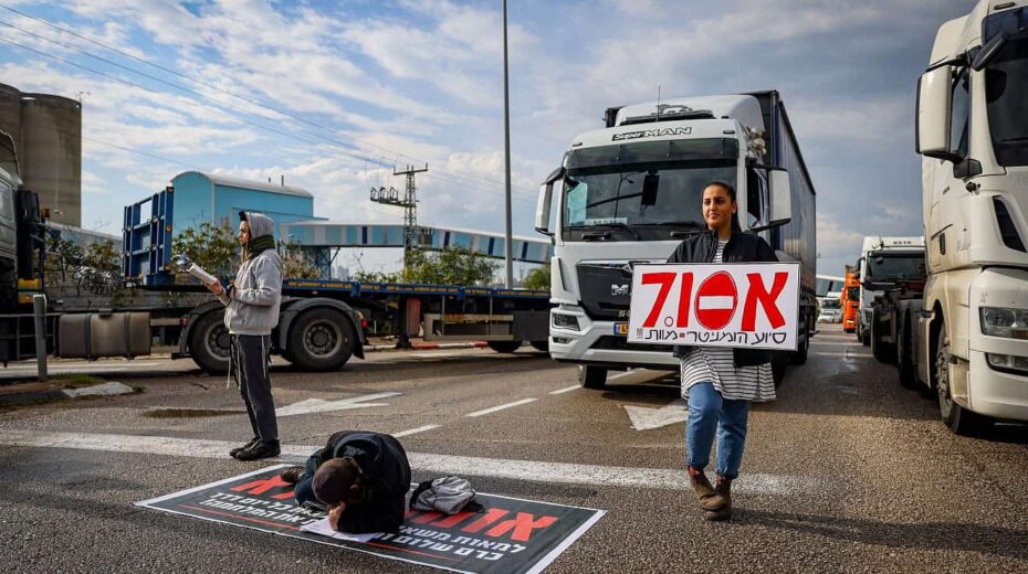 People block the entrance to Ashdod Port during a protest against aid trucks entering the Gaza Strip, Feb. 1, 2024. Photo by Chaim Goldberg/Flash90.