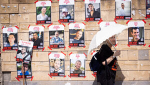 Posters of Israelis still held hostage by Hamas terrorists in Gaza in front of the Ministry of Defense in Tel Aviv, March 9, 2025. Photo: Miriam Alster/FLASH90