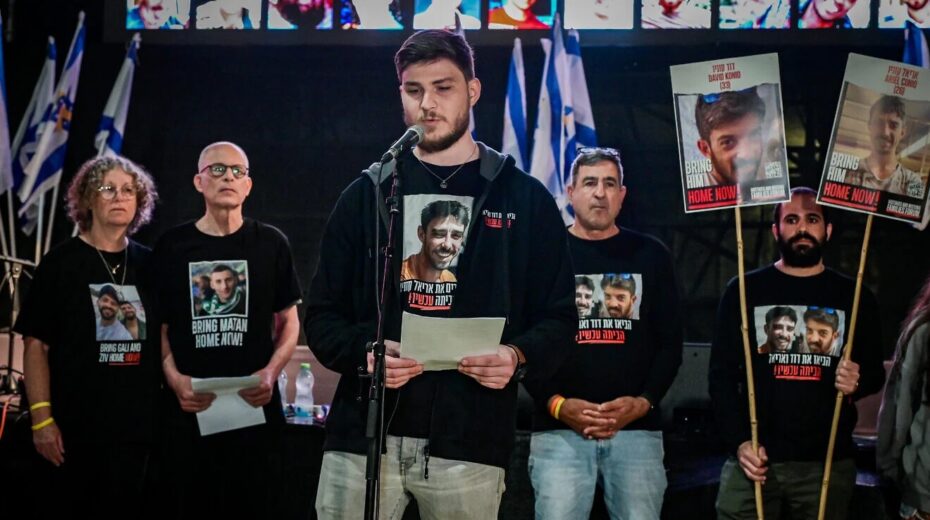 Former hostages, including Alexander "Sasha" Troufanov, hold a press conference at Hostage Square in Tel Aviv on March 18, 2025. Photo by Avshalom Sassoni/Flash90.