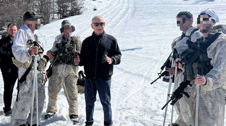 Israeli Prime Minister Benjamin Netanyahu on Mount Hermon, near the Lebanese and Syrian borders, with commandoes from the IDF Alpinist Unit, Feb. 22, 2024. Credit: Prime Minister’s Spokesperson Unit