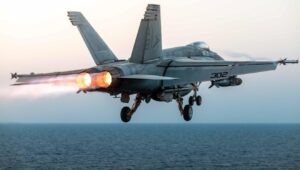 A U.S. fighter jet lifts off from the USS Harry S. Truman aircraft carrier for operations in the U.S. Central Command area of responsibility. Source: @CENTCOM/X.