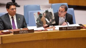 Eli Sharabi sharing testimony of his captivity in Gaza to the United Nations Security Council, March 20, 2025. Credit: Perry Bindelglass/Israeli mission to the United Nations.