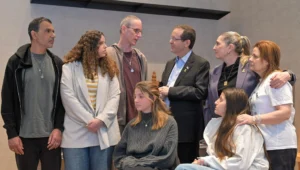 President Isaac Herzog and first lady Michal Herzog meet redeemed hostage Ohad Ben Ami (third from left) on the 500th day since Oct. 7, Feb. 17, 2025. Photo by Kobi Gideon/GPO.