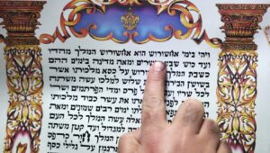 A “sofer” (Hebrew for “scribe”) writes the scroll of Esther for the Jewish holiday of Purim in the northern Israeli city of Safed on March 5, 2025. Photo by David Cohen/Flash90.