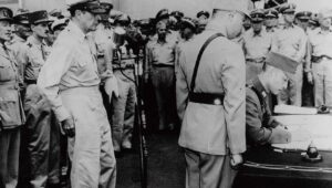 Japan surrenders to Allied Forces, ending World War II, circa 1945. Credit: US federal government/Public Domain via Wikimedia Commons.
