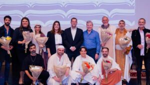 The acting ensemble on stage. Photo: Eyal Mas.