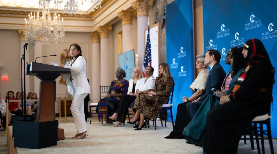 The freed hostage Amit Soussana speaks at the International Women of Courage Awards at the State Department, April 1, 2025. Credit: Andrea Hanks/White House.