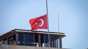 The Turkish Embassy in Tel Aviv lowered its flag to half-mast on August 2, 2024 to mourn the killing of Hamas leader Ismail Haniyeh.. Photo by Avshalom Sassoni/Flash90