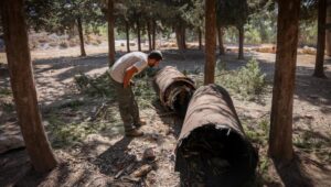 An Israeli examines the remains of a downed Iranian ballistic missile in a forest in northern Israel. Photo by David Cohen/Flash90
