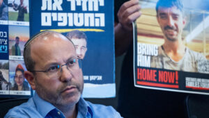 Tzvika, the father of Eitan Mor who is held hostage in the Gaza Strip, attends a committee hearing at the Knesset on March 17, 2025. Photo by Yonatan Sindel/Flash90