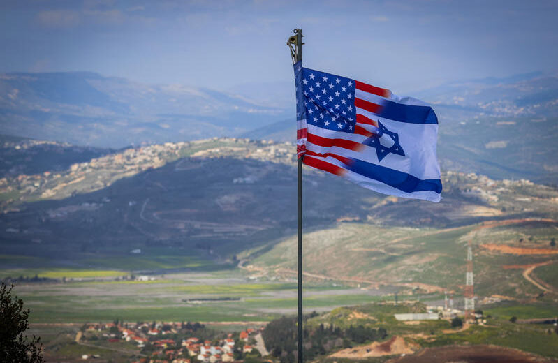 US and Israeli combined flag on the Israeli border with Lebanon, on March 30, 2025. Photo by David Cohen/Flash90