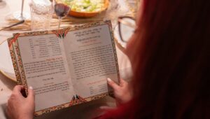 An Israeli family reading the Haggadah at a Passover Seder, April 22, 2024. Photo by Chen Leopold/Flash90.